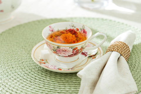 Peony and Strawberry Cream 6oz Bone China Tea Cup and Saucer