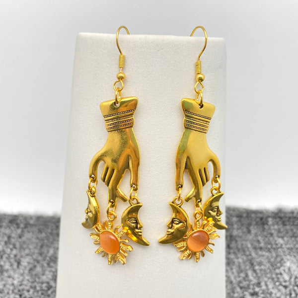 Vintage Golden Star Moon & Hand Charm Dangle Earrings - MS