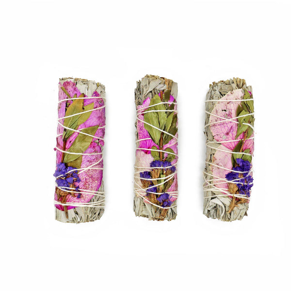 White Sage Smudge Stick, Rose & Statice - Meadow (4 in.)