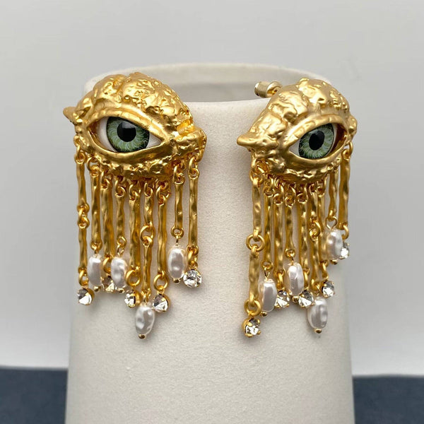 Turkey Evil Eye Pearl & CZ Metal Tassel Post Earrings