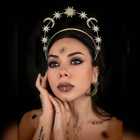 Sun Moon Stars Goddess Crown Halo Headband, Boho Headpiece