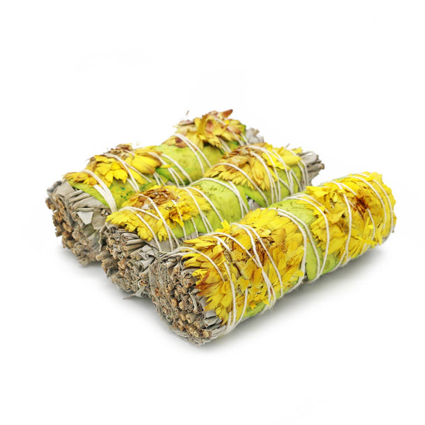 White Sage Smudge Stick, Rose & Sunflower - Golden (4 in.)