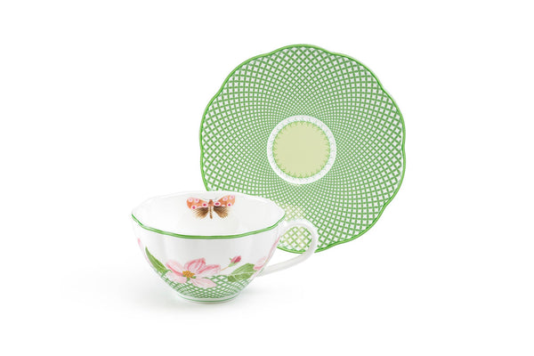 Apple Blossom Lattice Bone China Tea Cup Saucer w/ Gift Box