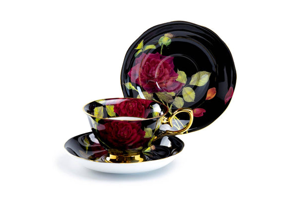 Gold Black Stem Rose 7oz Bone China Tea Cup and Saucer