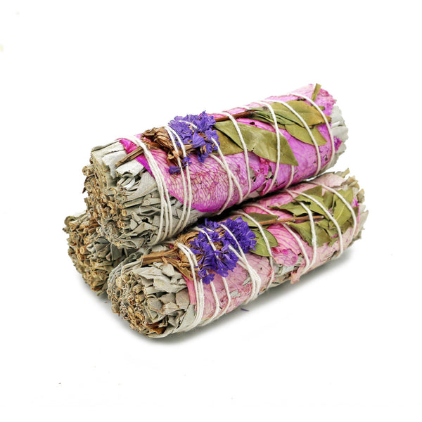 White Sage Smudge Stick, Rose & Statice - Meadow (4 in.)