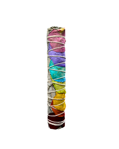 Chakra Smudge Stick, 8" White Sage Wand w/Rainbow Rose Petal