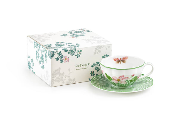 Apple Blossom Lattice Bone China Tea Cup Saucer w/ Gift Box