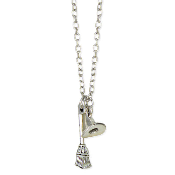 Basic Witch Silver Hat Broom Charm Necklace