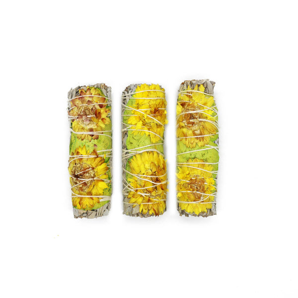 White Sage Smudge Stick, Rose & Sunflower - Golden (4 in.)