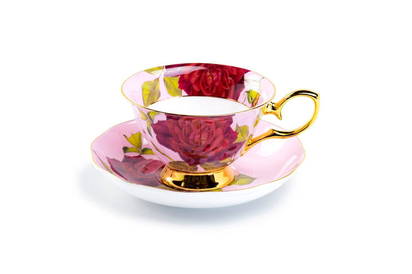 Gold Pink Stem Rose 7oz Bone China Tea Cup and Saucer