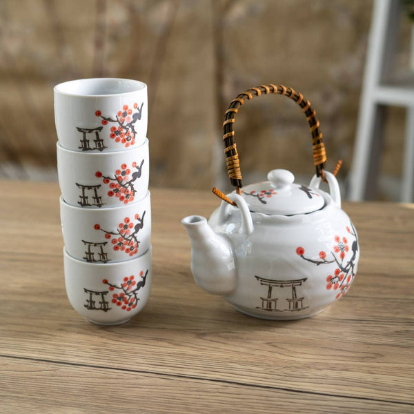 Sakura with Torii Tea Set 22oz Tea Pot with 4 Cups (1/12)
