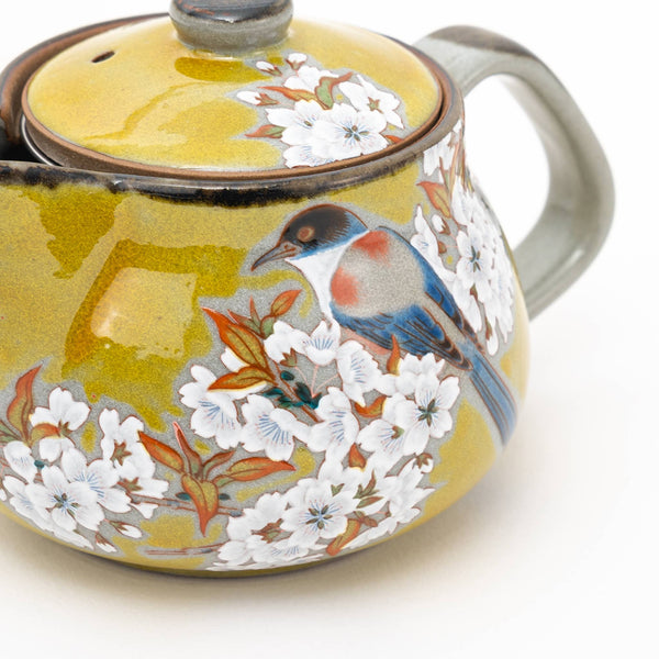 Kutani Ware Handmade Yoshidaya Cherry Bird Teapot - Yellow