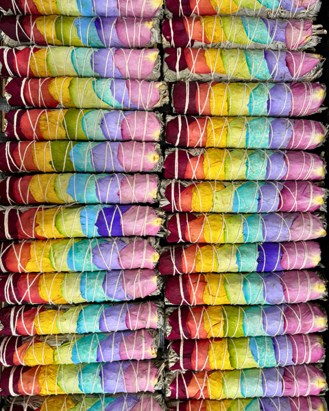 Chakra Smudge Stick, 8" White Sage Wand w/Rainbow Rose Petal