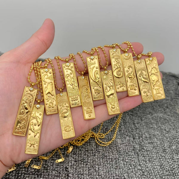 Rectangular 18K Golden SS Zodiac Signs Charm Necklace - FGS