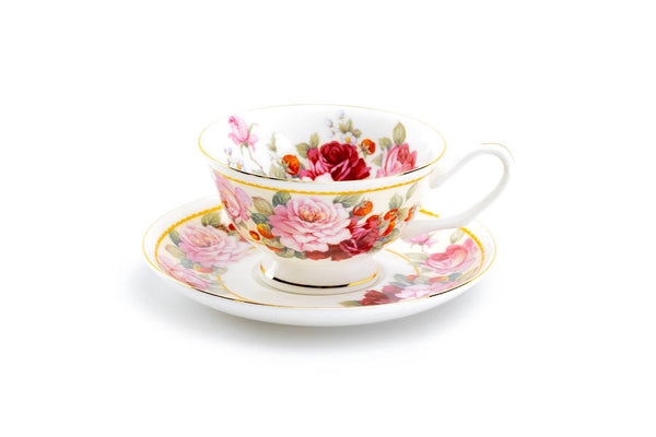 Peony and Strawberry Cream 6oz Bone China Tea Cup and Saucer