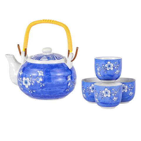 Ume Plum Blossoms Blue Tea Set 22oz Tea Pot with 4 Cups (1/12)