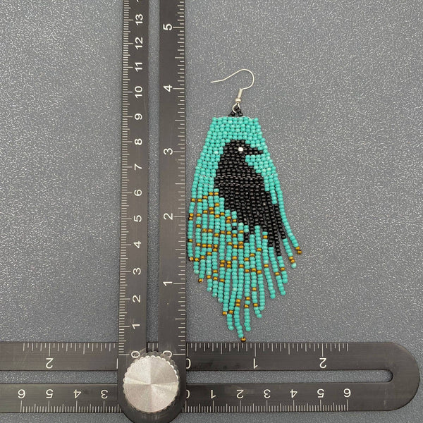 Boho Crow Pattern Seed Bead Fringe Earrings - BJ/SB