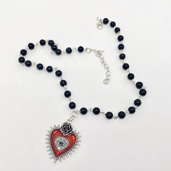 Gothic Red Devil's Eye Pendant Beaded Chain Necklace - GT