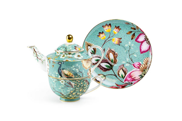 Peacock Lotus Garden Green Fine Porcelain Tea For One Set