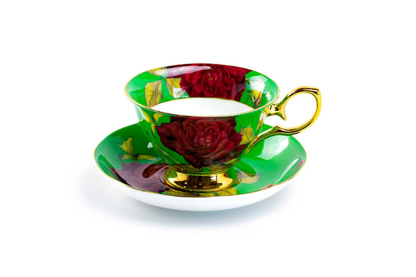 Gold Green Stem Rose 7oz Bone China Tea Cup and Saucer