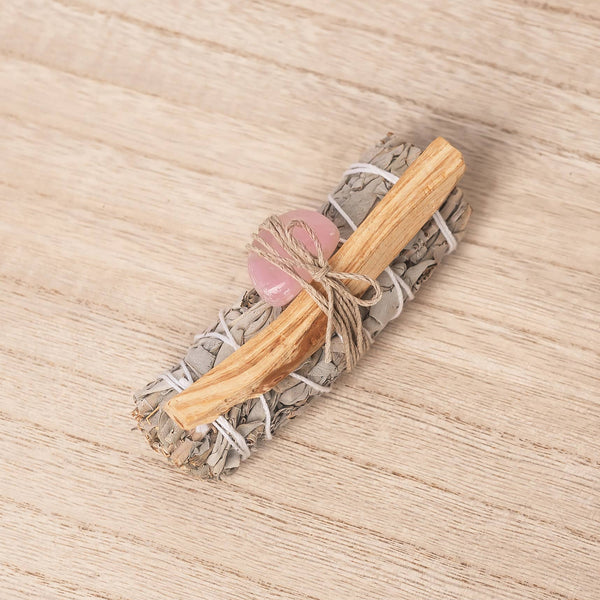 White Sage, Smooth Rose Quartz, Palo Santo Bundle