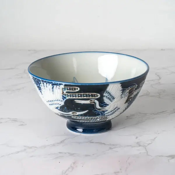 Japanese Crane Design 10oz 4.5"D x 2.5"H Porcelain Rice Bowl