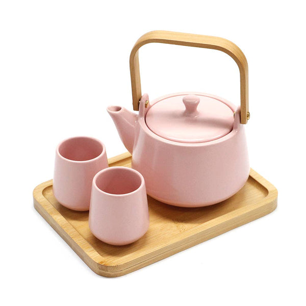 Pink Matte Glazed Tea Set 22 oz Tea Pot with 2 Cups and Wooden Tray (1/12)