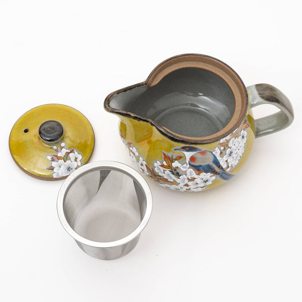 Kutani Ware Handmade Yoshidaya Cherry Bird Teapot - Yellow