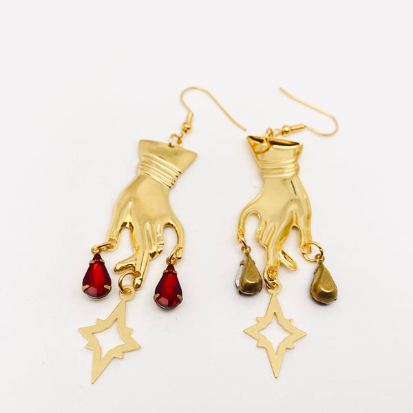 Golden Hand Red Rhinestone Pendant Earrings Gothic Style -GT