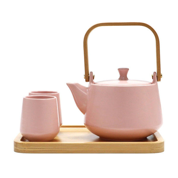 Pink Matte Glazed Tea Set 22 oz Tea Pot with 2 Cups and Wooden Tray (1/12)