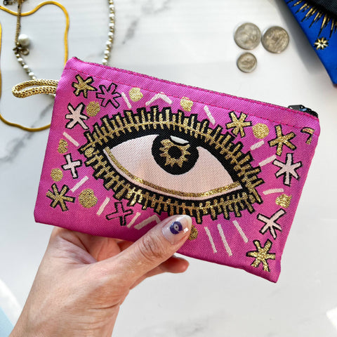 Pink Evil Eye Coin Purse, Small Fabric Pouch