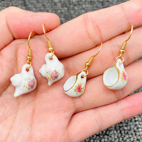 Pink flower Ceramic Teapot & Tea Cup Charm Dangle Earrings