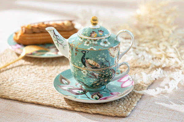 Peacock Lotus Garden Green Fine Porcelain Tea For One Set