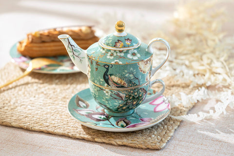 Peacock Lotus Garden Green Fine Porcelain Tea For One Set