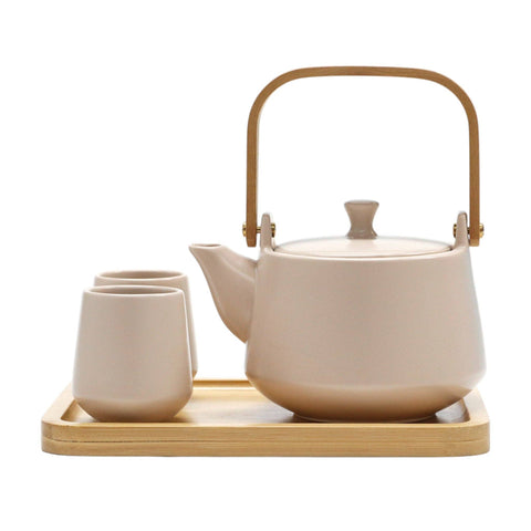 Beige Matte Glazed Tea Set 22 oz Tea Pot with 2 Cups and Wooden Tray (1/12)