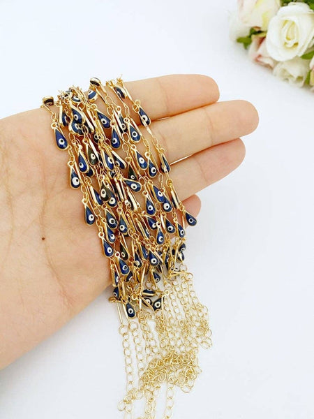 Evil Eye Bracelet, Teardrop Evil Eye Beads, Gold Chain Bracelet, Blue White Eye