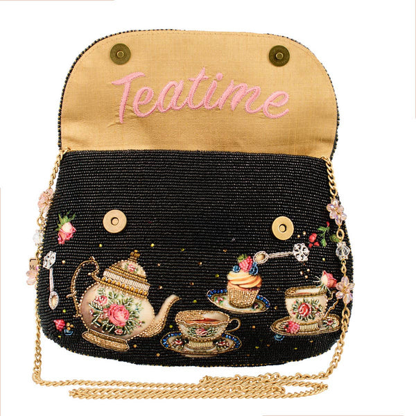 Tea Time Black And Gold Fairytale Beaded Crossbody Handbag