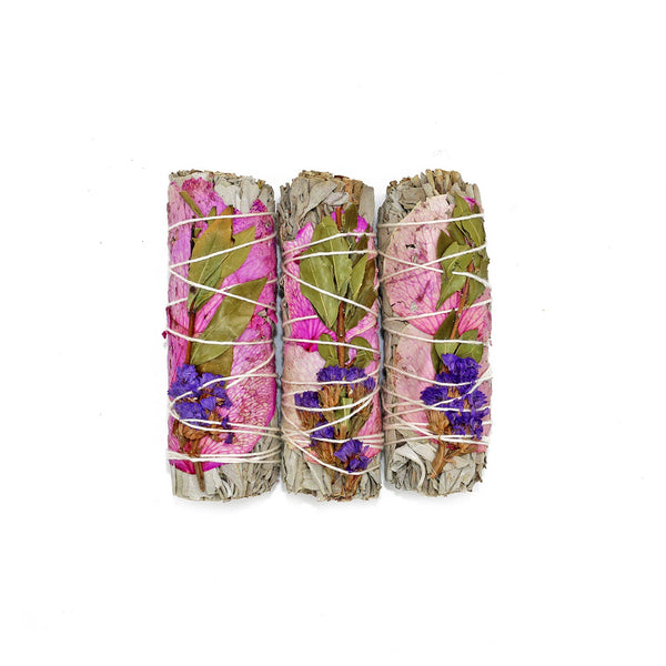 White Sage Smudge Stick, Rose & Statice - Meadow (4 in.)