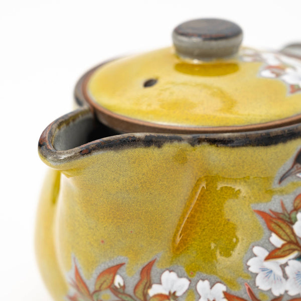 Kutani Ware Handmade Yoshidaya Cherry Bird Teapot - Yellow