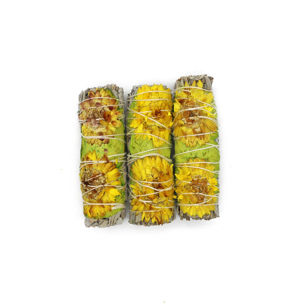 White Sage Smudge Stick, Rose & Sunflower - Golden (4 in.)