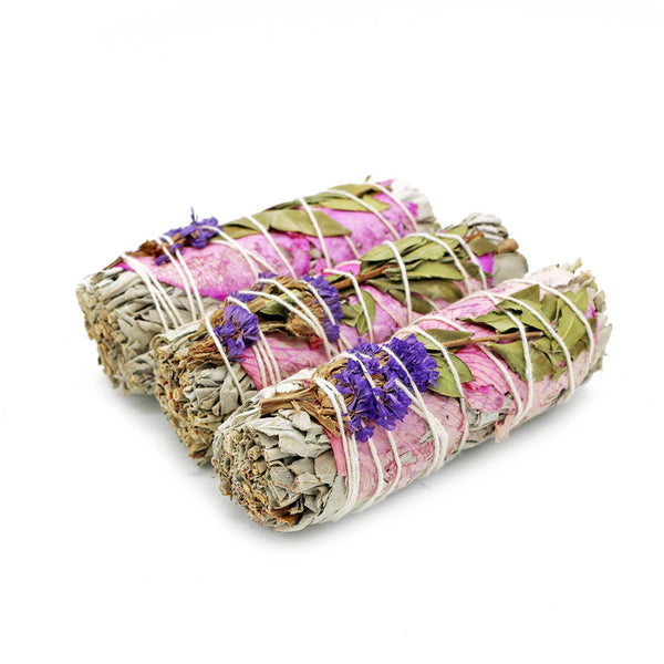 White Sage Smudge Stick, Rose & Statice - Meadow (4 in.)