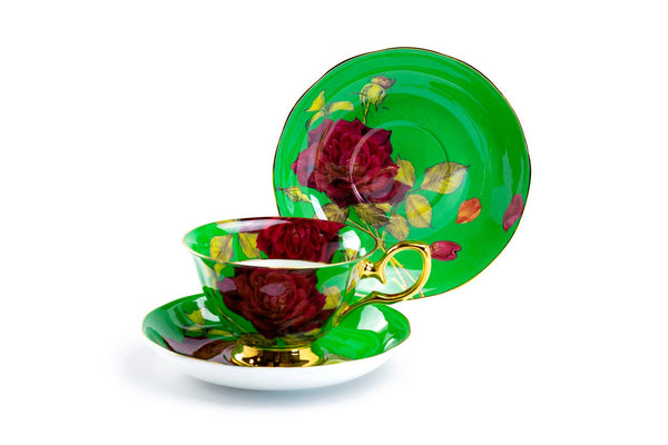 Gold Green Stem Rose 7oz Bone China Tea Cup and Saucer