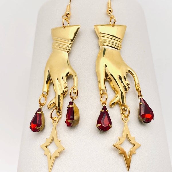 Golden Hand Red Rhinestone Pendant Earrings Gothic Style -GT