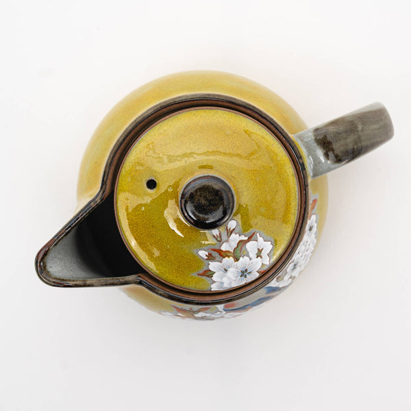 Kutani Ware Handmade Yoshidaya Cherry Bird Teapot - Yellow