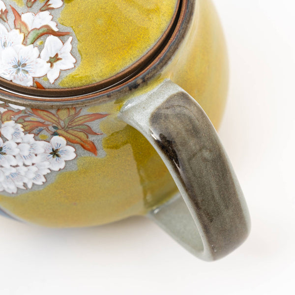 Kutani Ware Handmade Yoshidaya Cherry Bird Teapot - Yellow