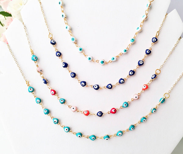 Evil Eye Necklace, Evil Eye Bead Necklace, Tiny Evil Eye Charms, Blue Evil Eye Necklace