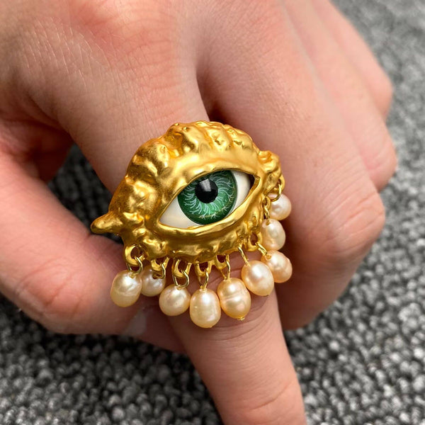 Vintage Pearl fringe Evil Eye Matte gold plating  Adjustable Ring