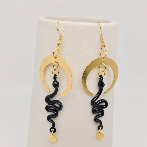 Gothic Snake Earrings Golden Bend Moon Earrings - GT/MS