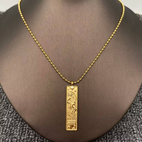 Rectangular 18K Golden SS Zodiac Signs Charm Necklace - FGS