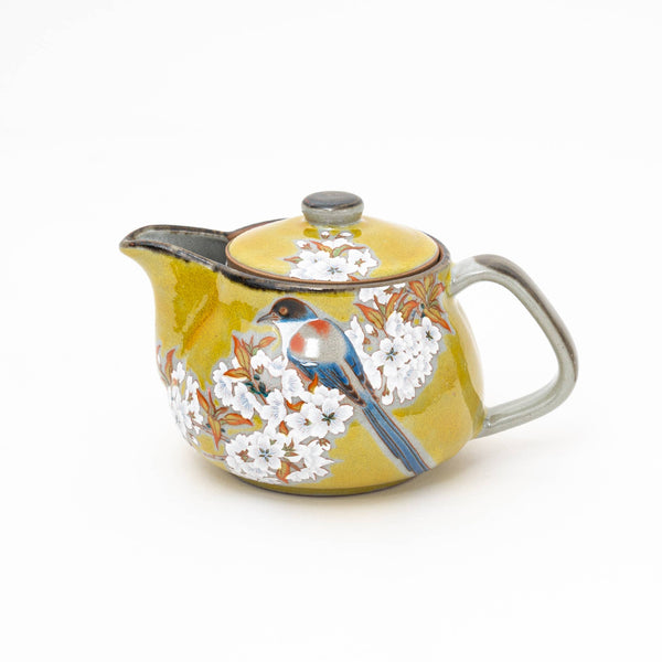 Kutani Ware Handmade Yoshidaya Cherry Bird Teapot - Yellow